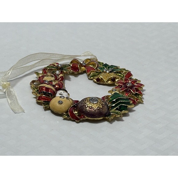 Gold Tone Metal Wreath Ornament Red Green Santa Snowman Bells Holly Ribbon - Picture 6 of 10